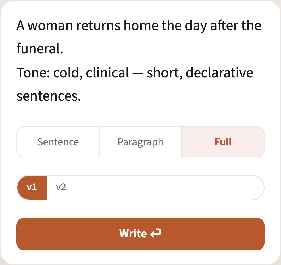 The aiWriter composer on mobile, showing the Sentence / Paragraph / Full scope buttons above the prompt input