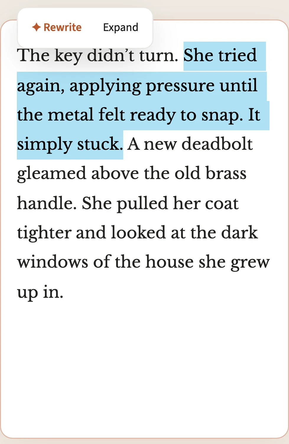 A selected passage of AI-generated story text on mobile with a floating Rewrite / Expand toolbar