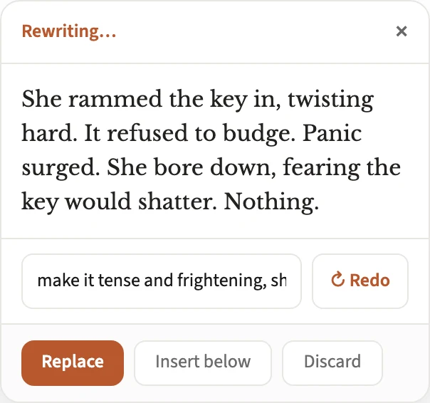 The rewrite result card showing an Adjust instruction input and a Redo button