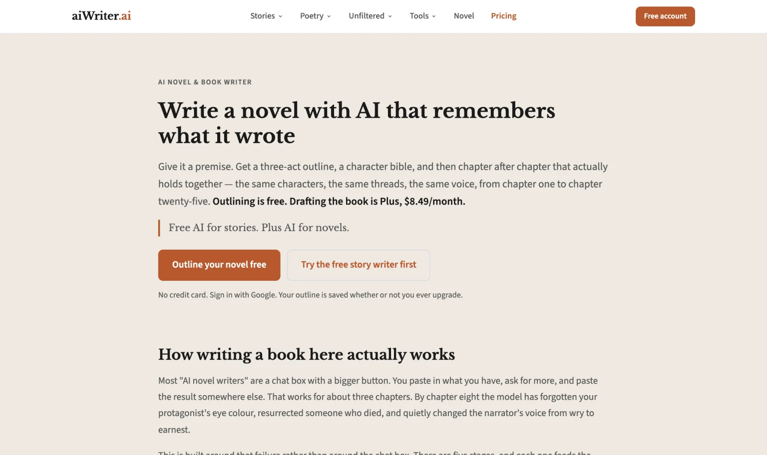 The aiWriter.ai novel landing page, headlined Write a novel with AI that remembers what it wrote, with Outline your novel free and Try the free story writer first buttons
