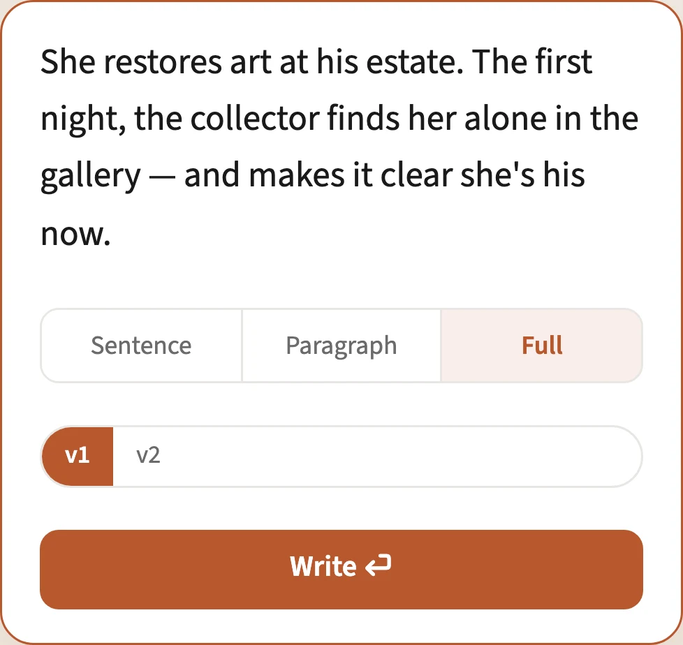 The aiWriter unfiltered composer on mobile with a dark-romance prompt typed in, showing the Sentence / Paragraph / Full scope buttons and the v1 / v2 writer toggle