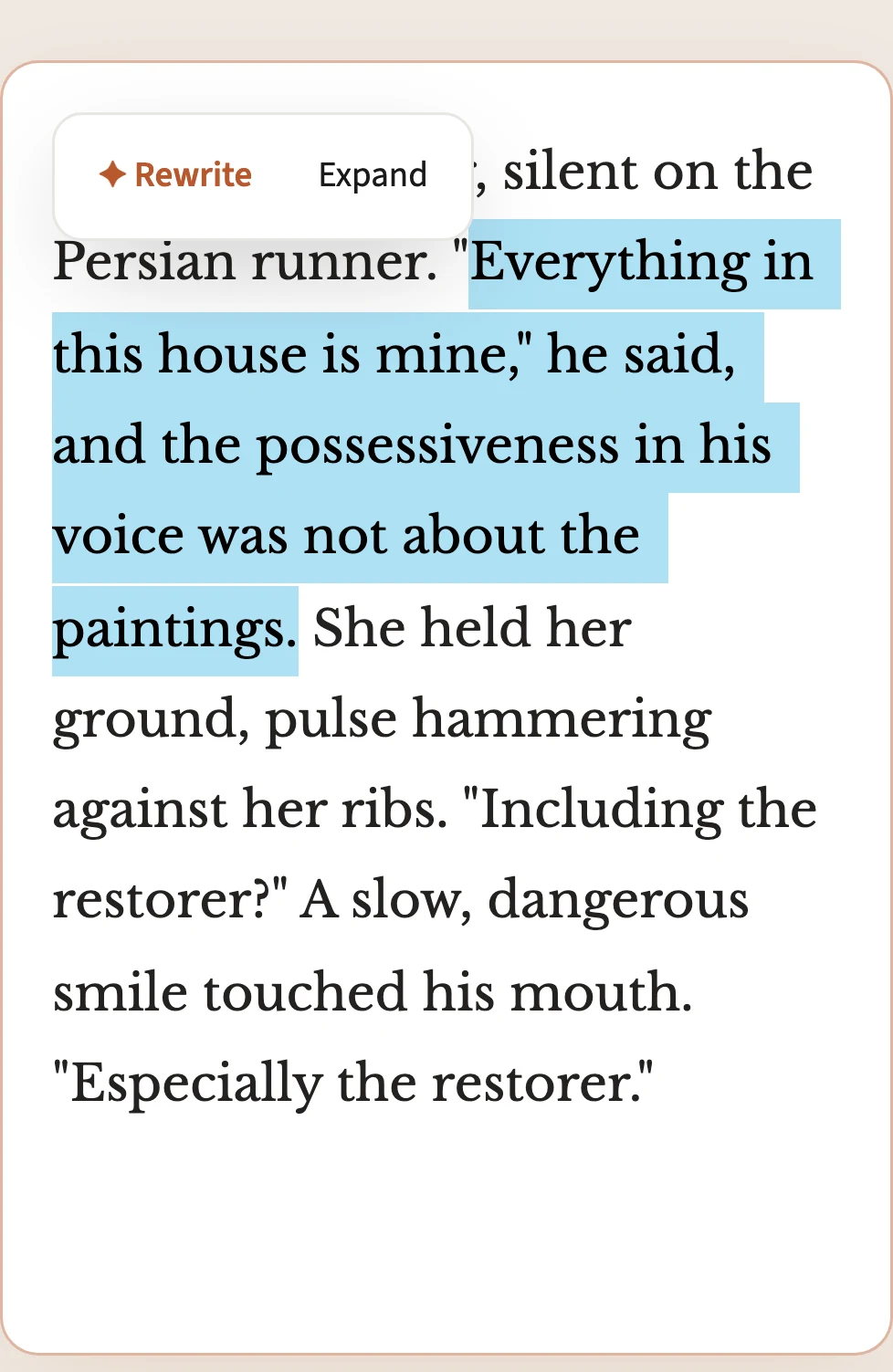 A selected passage of dark-romance prose on mobile with a floating Rewrite / Expand toolbar